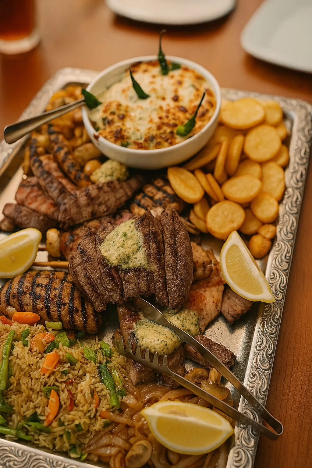 Großer Grillteller mit Spießen, Bifteki und Bratkartoffeln