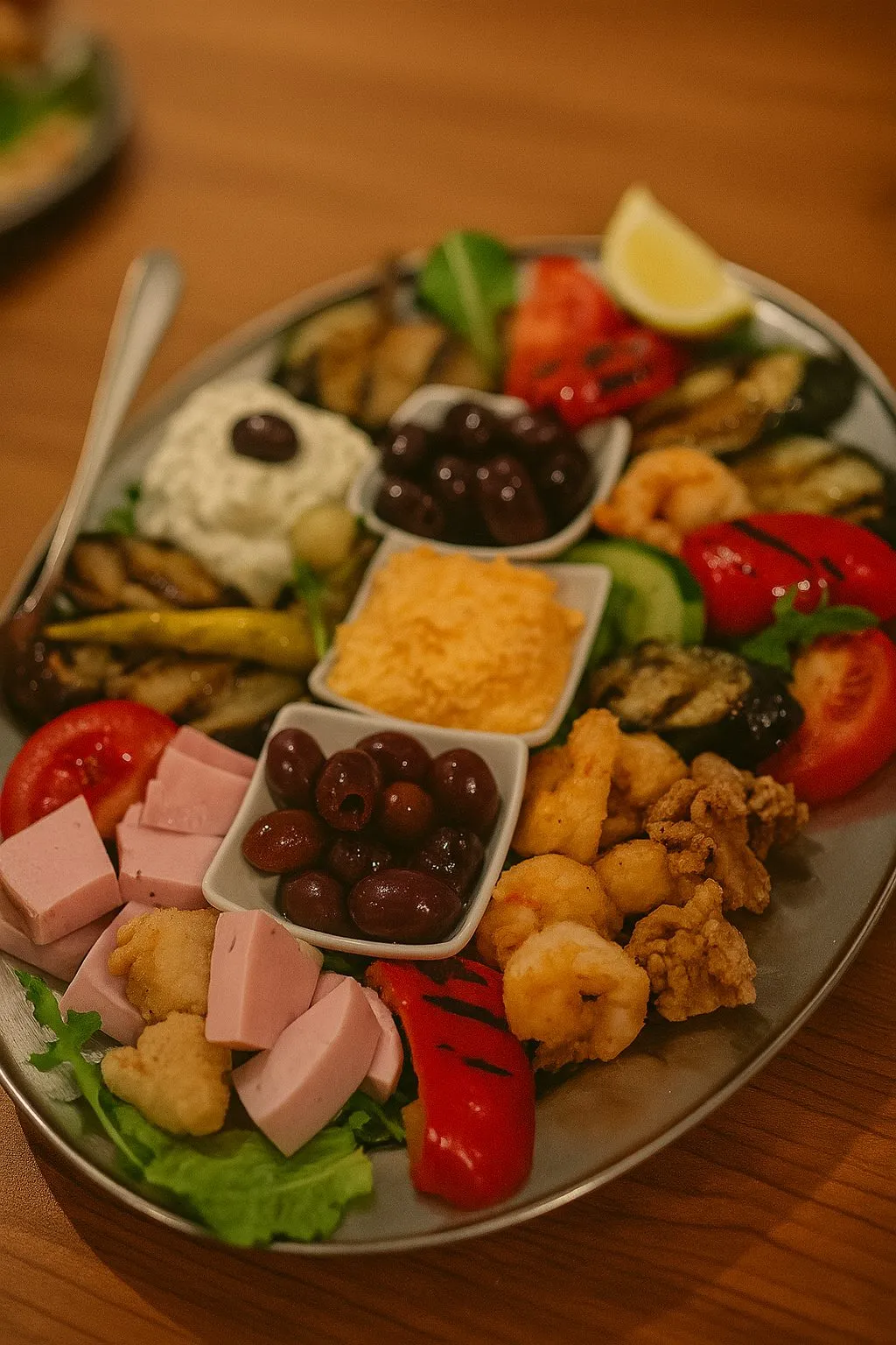 Gemischte Vorspeisenplatte mit Dips, Oliven und Gemüse