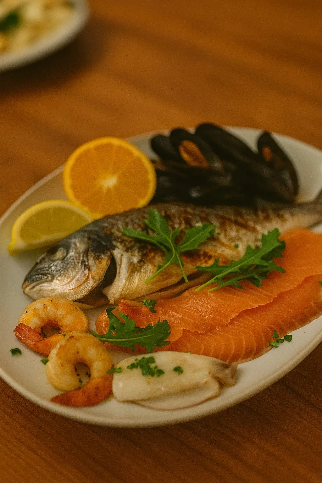 Fischteller mit Dorade, Lachs, Garnelen und Muscheln